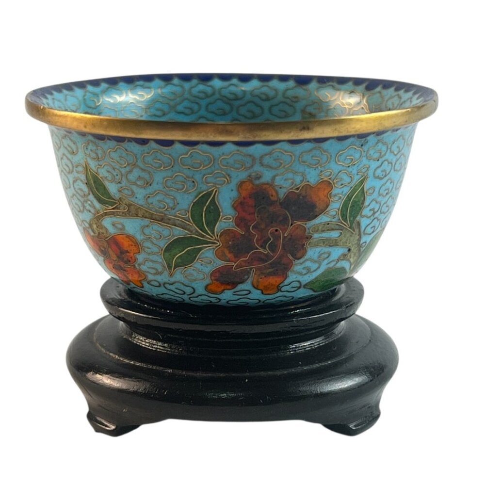 Vintage Chinese Cloisonne Miniature Bowl Tea Cup Stand Floral Butterfly Design